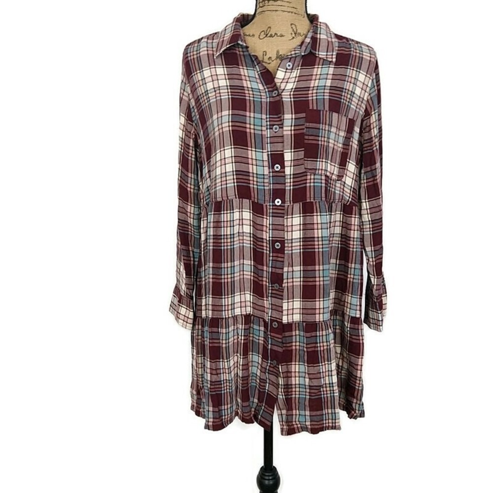 LOFT Shirt Dress Womens LP Maroon Plaid Tiered Long Sleeve Button Front Petite